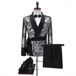 Herrdräkter dubbelbröst glänsande silverjacka smal passform Mens Blazer Pants Belt Wedding Groom Tuxedos Party 2 Piece Terno Masculino