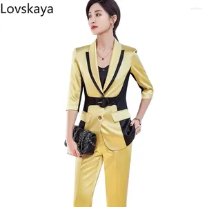 Women's Two Piece Pants Striped Formal Pant Suit Women 2 Set Female Spring Summer Work Wear Blazer And Trousers Fashion Ladies Yellow Blue