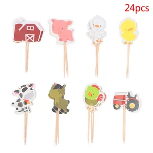 Party Supplies 24 Pcs/pack Cartoon Farm Animal Theme Cupcake Toppers For Kids