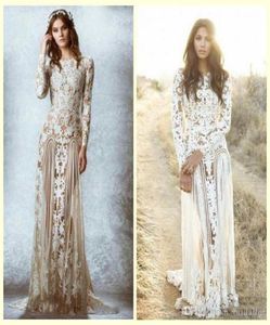 Zuhair Murad Lace Vintage Wedding Dresses Custom Made Long Sleeves Court Train Beach Country Bridal Gowns Crew Aline Fantunning Lac9386069