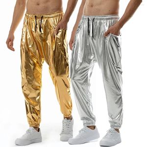 Herrbyxor disco dans glänsande silver metallisk jogging street hip hop våta byxor män klubb fest semester streetwear mens