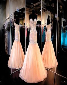 2018 Sexy Evening Dresses Wear Sweetheart Crystal Beads Mermaid Peach Tulle Long Corset Back Formal Vestidos Cheap Prom Party 3606861