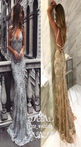 2018 Sparkly Silver Gray Mermaid Evening Dresses V Neck Criss Cross Back Champagne Gold Prom Dreess 섹시 등이없는 공식 가운 5913803