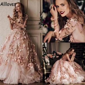 Vestidos empoeirado flores floral rosa Flores florais Lace Aplique Mulheres Vestido de baile de noite Romântico Tule Princesa Vestido de Ball Mis de Manga Longa Cerimônia RE