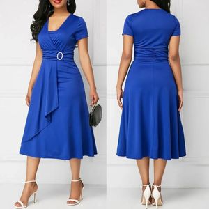 Elegant Women Solid Color Short Sleeve V Neck Asymmetric Hem Waist Tight Midi Party Dress Ladies Evening Vestidos 240327