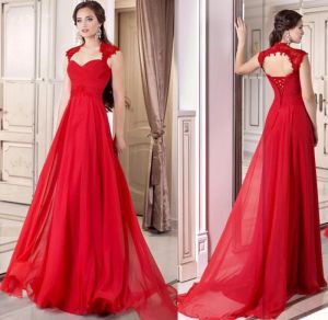 Dresses Formal Red Evening Gown Corset Chiffon Long Full Length Lace Up Aline Prom Dresses Cap Sleeve Open Back Party Gowns