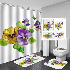 Shower Curtains Spring Watercolor Curtain 4 Pieces Of Non-slip Mat U-shaped Bathrom Decoration Printing Set