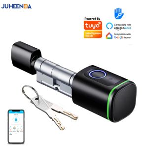 Lock Euro Door Tuya Bluetooth Keyles Smart Cylinder Lock Biometric Fingerprint Digital Electronic Lock IC Card Key APP Remote Unlock