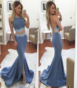 Two Piece Long Slate Grey Mermaid Prom Dresses 2017 Sexig Backless Front Split Halter Formal Evening Celebrity Gowns1981669