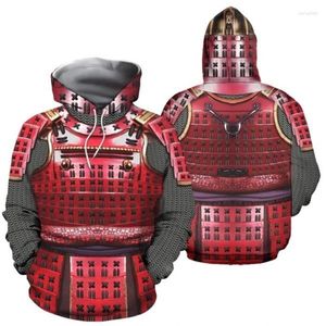 Мужские капюшоны по всему печатному самурайскому броне 3D Graphic для мужской одежды. Повседневная длинная рукава высококачественная толстовка с капюшоном с капюшоном с капюшоном.