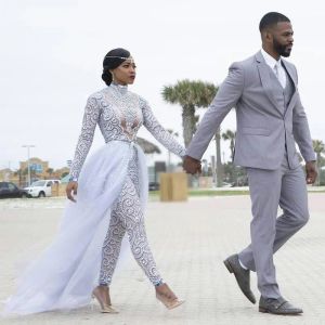 Dresses 2021 Plus Size Jumpsuits Wedding Dresses With Detachable Train High Neck Long Sleeves African Beaded Bridal Gowns2391