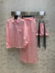 Moda kadınlar yaz 3 adet minibag pembe yaka gömlek iki parça set mektup uzun kollu düğme bluz ve çizme gevşek düz pantolon gündelik takım elbise