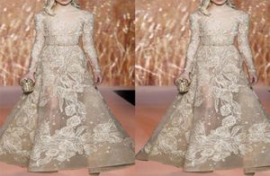 Elie Saab 2018 Prom Dresses Champagne Sheer Bateau långa ärmar Formell klänning Evening Wear Illusion Floo Length Party klänningar med S5392273