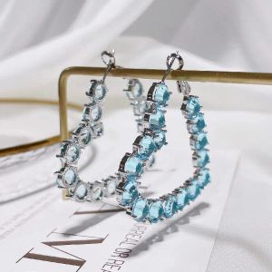 Earrings New Big Open Heart Shape Hoop Earrings Blue Pink Zirconia Beads Fashion Jewelri Crystal Diamond Luxury Women big bling earrings