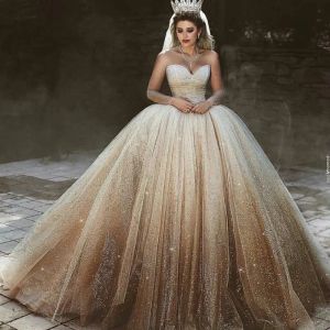 Kleider luxuriöser Pailletten Tüll Brautkleider bloße Juwelhals Langarm Hochzeitskleid Wichtige flauschige Korsett Ballkleid Dubai Hochzeit Dres