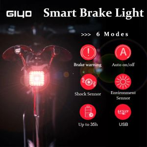 Lights Giyo Cycling Taillight Bakre ljuscykel Smart Auto Bromsavkänning LED -lampa Vattentät usbchchering cykel Ljus Lantera Bicicleta