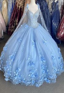 Elegant ljusblå 3d blommor blommor boll klänning quinceanera prom klänningar 2022 v hals med cape sjal pärlor korsett long vestidos 157076108