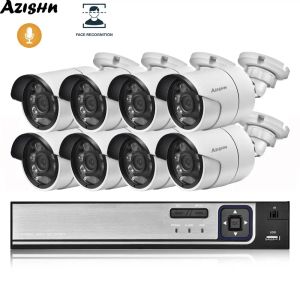 System AZISHN 8CH POE NVR CCTV System Kit Face recognition H.265 5MP Audio Recording Weatherproof IP Camera Security Surveillance Set