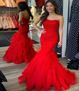 2022 Red Lace Evening Dresses Prom Tulle Strapless Mermaid Style Open Back Corset Back Special Occasion Formal Dress4990331