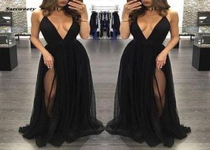 New High Side Split Tulle Prom Dresses Black Sexy Deep V Neck Long Women Skirts Formal Party Evening Gowns Vestidos de baile5062634