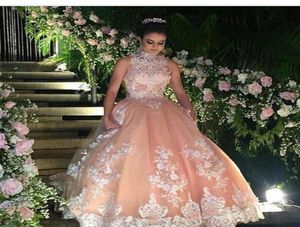 High Neck Blush Pink Quinceanera Dresses Sleeveless Appliques Beaded Tulle Floor Length Masquerade Ball Gowns Prom Dresses3511493