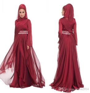 Burgundy Chiffon Formal Long Maxi Lace Appliques Evening Dresses With Hijab Long Sleeve 2022 Beaded Pleated Layered Ruffle Arabic 8327326