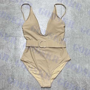 2024 New Fashion Designer Wholesale Women's Swimwears Sexy Bikinis Swimsuits Khaki Swimsuit With Letter Badge Belt Deep V Neck Swimwear For Women Backless Bikini