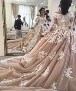 Dresses Luxury 2019 Ivory Lace Dusty Pink Tulle Ball Gown Wedding Dresses With Illusion Long Sleeve Appliques Chapel Train Bridal Gowns EN