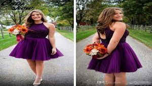 2016 New Purple Short Homecoming Dresses Halter Backless Beads Tulle Juniors Mini Prom Party Gowns Sweet 16 Cheap Plus Size Cockta6572434