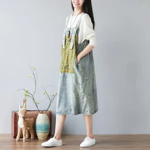 Casual Dresses Women Summer Autumn Denim Holes Vintage Dress Ladies Pathwork Applices Ripped Demin Female Retro 2024