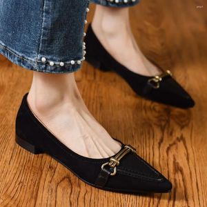 Casual Shoes Women's Natural Suede Leather Pointed Toe Slip-on Ballet Flats Metal Buckle Female High Quality Soft Comfortable