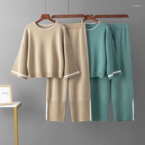 Women's Two Piece Pants HLBCBG Spring AutumnWomen's 2 Outfits Long Sleeve Knit Sweater Top Wide Leg Lounge Sets Tracksuits