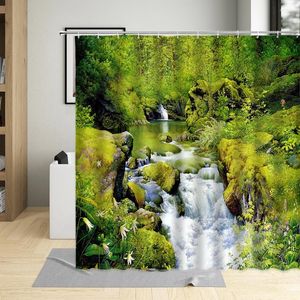 Shower Curtains Spring Scenery Curtain Green Plants Forest Flower Waterfall Natural Pattern Bathroom Polyester Cloth Hanging Set