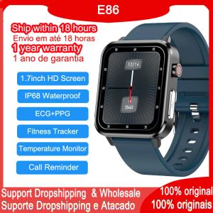 Watches E86 Smart Sport Watch 1.7inch HD Screen IP68 Vattentät ECG PPG Fitness Tracker Temperaturmonitor Män smartwatch Call påminnelse