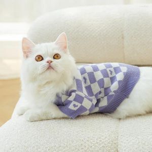 Dog Apparel Autumn Pet Chessboard Love Cardigan Sweater Warm Cat Clothes Anti Shedding Small Clothing