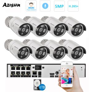 Sistem Azishn H.265 8CH 5MP POE Güvenlik Kamera Sistemi Kiti Yüz Algılama Ses Kayıt Kamerası Açık CCTV Video Gözetim NVR SET