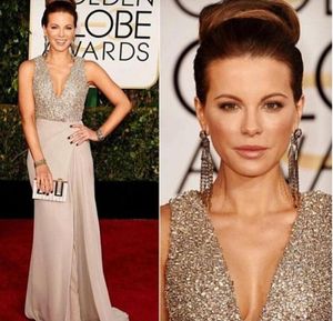 2019 Luxo Kate Beckin Celebrity Dresses com V Neck Liginas Chiffon Long Prom Dresses Formal Vestidos de noite Concurso de mulheres Gow6040041