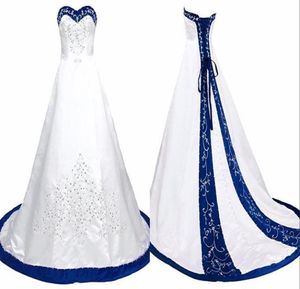 Kraliyet Mavi ve Beyaz Gelinlik Nakış Prenses SATIN A Hat Dantel Yukarı Mahkeme Tren Pullar Boncuklu Uzun Ucuz Düğün Gow8123268