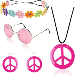 Supplência de festa conjunto de figurinos de peseno inclui colar de sinal de paz e brincos Flower Crown Capace Hippie Sunglasses 70s Acessórios