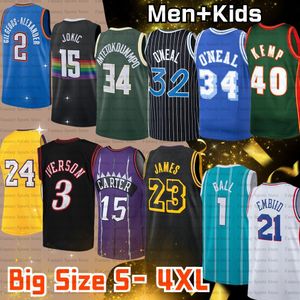 Duży rozmiar 4xl 3xl koszulka do koszykówki mężczyzn dzieci Rodman Malone Durant 3 Allen Iverson Bird Penny 32 Shaq 34 Tatum 30 Curry Doncic Ball Wade 3 Jokic Butler Payton S-3xl 4xl 4xl