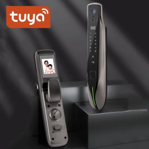 ロックTuya Wifi自動ドアロックビルトインカメラアプリリモートコントロール指紋ロック指紋パスワードカードキースマートドアロック