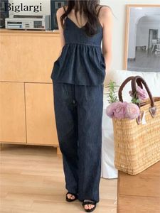 Calça de duas peças femininas jeans de jeans 2 set feminino mangas moda babado de mulheres cortadas tops casuais coreanos de perna larga calça de perna larga