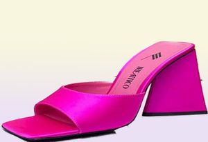 Attico gül kırmızı devon topuklu sandalet terlik saten tıknaz kare ayak parmağı katırlar yüksek topuklu ayakkabılar slaytlar açık ayak parmak ayakkabı wom5822093