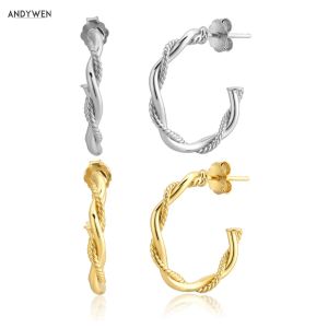 Orecchini Andywen 925 Sterling Silver Gold Twist Hoops Gioielli rotondi rotondi ohrrringe Wedding 2020 Rock Punk Fashion Gioielli di lusso