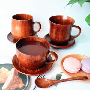 Cups Saucers Creative Wooden Water Cup With Saucer Set Natural Wood Coffee Milk Mug Office Teacups Household Drinkware Dessert Plates