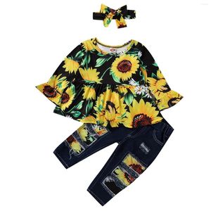 Giyim Setleri Toddler Bebek Bebek Ayçiçeği Baskısı Üst Pantolon Kıyafetleri Kafa Giysileri Eşleştirme