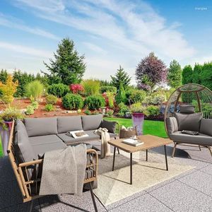 Camp Furniture Rattan 4 PCS Patio Set Outdoor Wicker Sectional L-Shaped Sofa 5 Seater Thickness Cushions Table