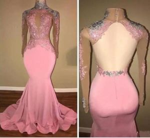 2020 Pink Mermaid Prom Dresses High Neck Backless See Through Long Sleeves Lace Appliques Sequined Plus Size Party Dress Evening G7755644