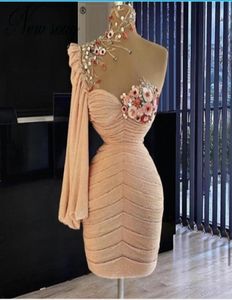 Short Prom Dresses With High Neck Flowers Beads Pick Ups One Shoulder Evening Gowns Custom Made Yong Girls Formal Cocktail Party D4478657