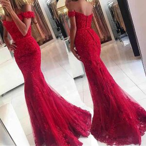 Dresses Junoesque Tulle Offtheshoulder Neckline Mermaid Formal Dresses With Beaded Lace Appliques Red Lace Crystals Prom Dresses Slim